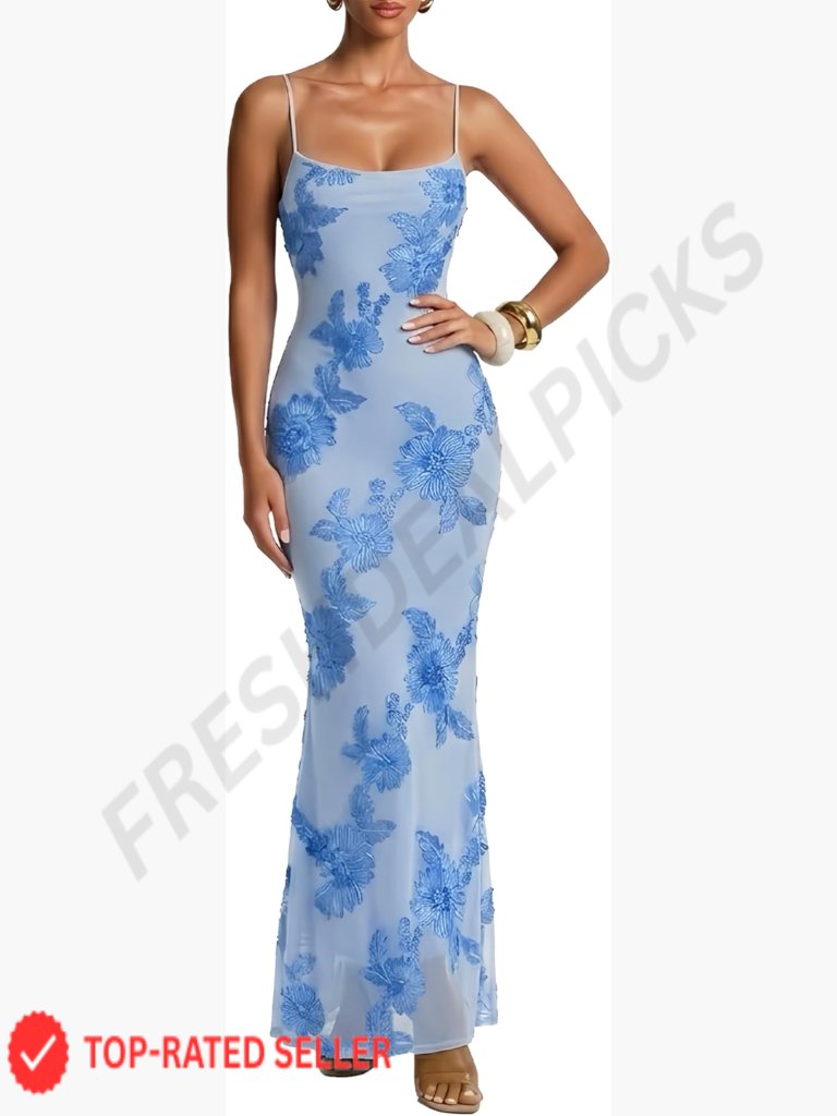 Bodycon Maxi Dress 3d Floral Mesh Square Neck Spaghetti Strap Formal Evening